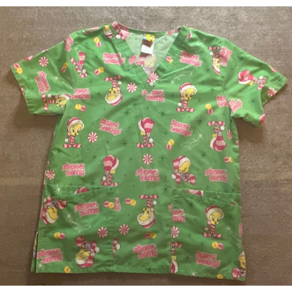 Warner Bros Tweety Bird Seasons Tweetings Christmas Scrub Top Green M Nursecore